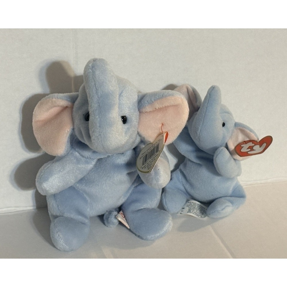 Ty Beanie Baby & Teenie Beanie Peanut the Elephant Set Light Blue NWT Vintage